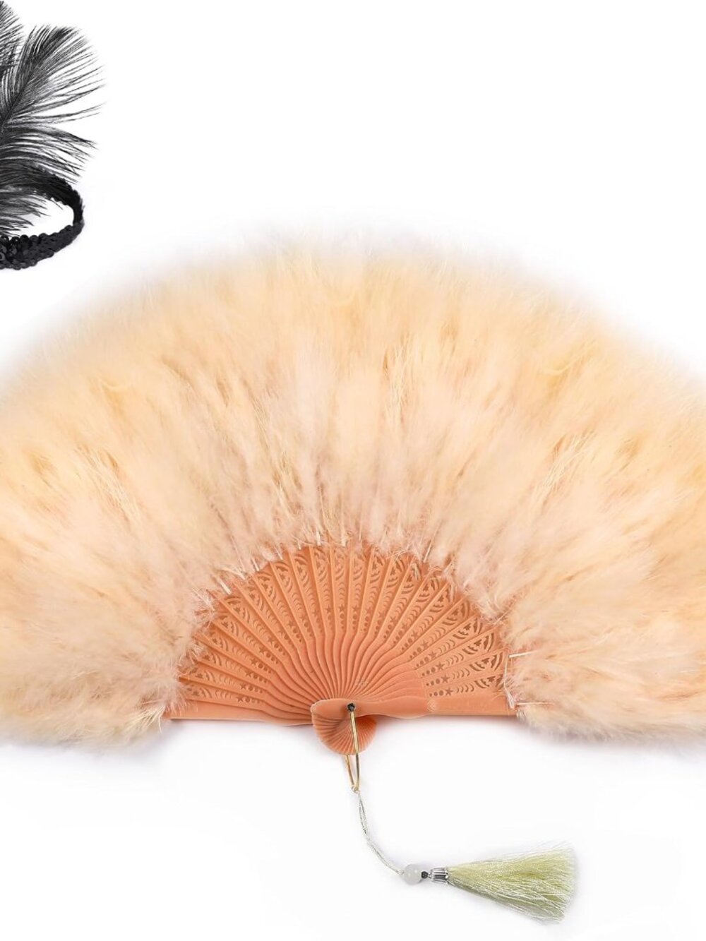 SOGUGOM Champagne Feather Fan & Gatsby Headpiece Set